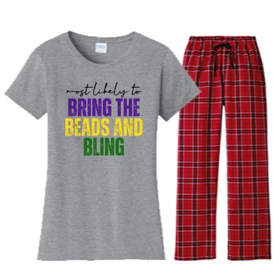 Most Likely To Bring The Beads And Bling Mardi Gras Women's Flannel Pajama Set