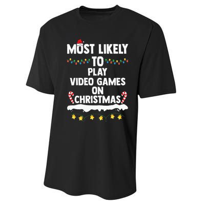 Most Likely To Play Video Games On Christmas Funny Gaming Performance Sprint T-Shirt