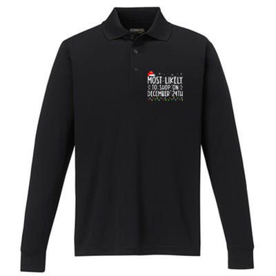 Most Likely To Shop On December 24th Funny Family Christmas Performance Long Sleeve Polo