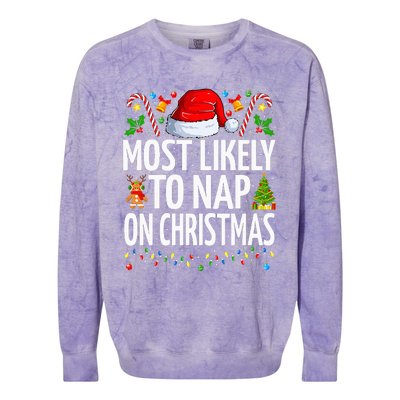 Most Likely To Nap On Christmas Funny Family Christmas Colorblast Crewneck Sweatshirt