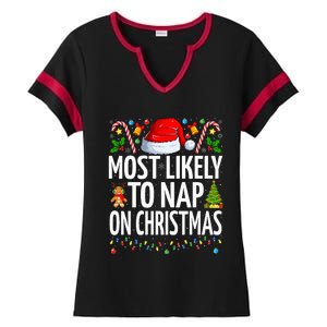 Most Likely To Nap On Christmas Funny Family Christmas Ladies Halftime Notch Neck Tee