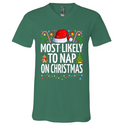 Most Likely To Nap On Christmas Funny Family Christmas V-Neck T-Shirt