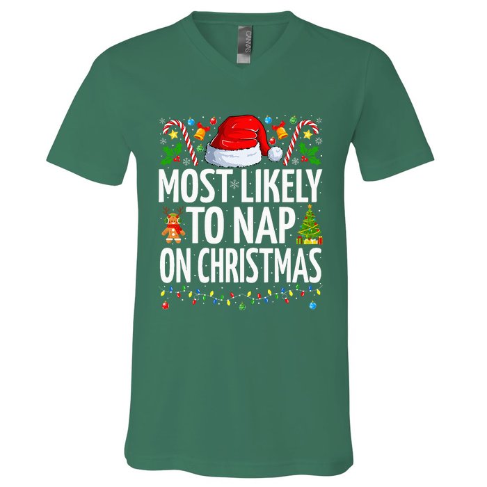 Most Likely To Nap On Christmas Funny Family Christmas V-Neck T-Shirt