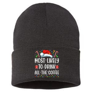 Most Likely To Drink All The Coffee Funny Family Christmas Sustainable Knit Beanie