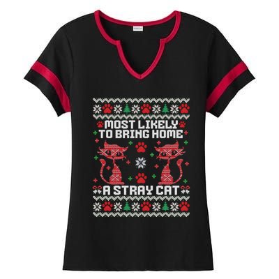 Most Likely To Bring Home A Stray Cat Funny Ugly Christmas Gift Ladies Halftime Notch Neck Tee