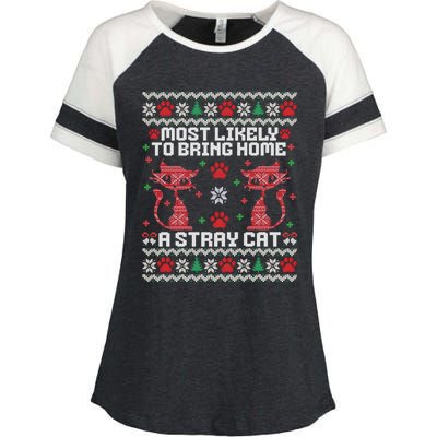 Most Likely To Bring Home A Stray Cat Funny Ugly Christmas Gift Enza Ladies Jersey Colorblock Tee