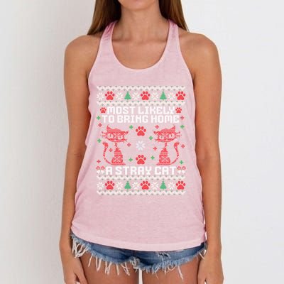 Most Likely To Bring Home A Stray Cat Funny Ugly Christmas Gift Women's Knotted Racerback Tank