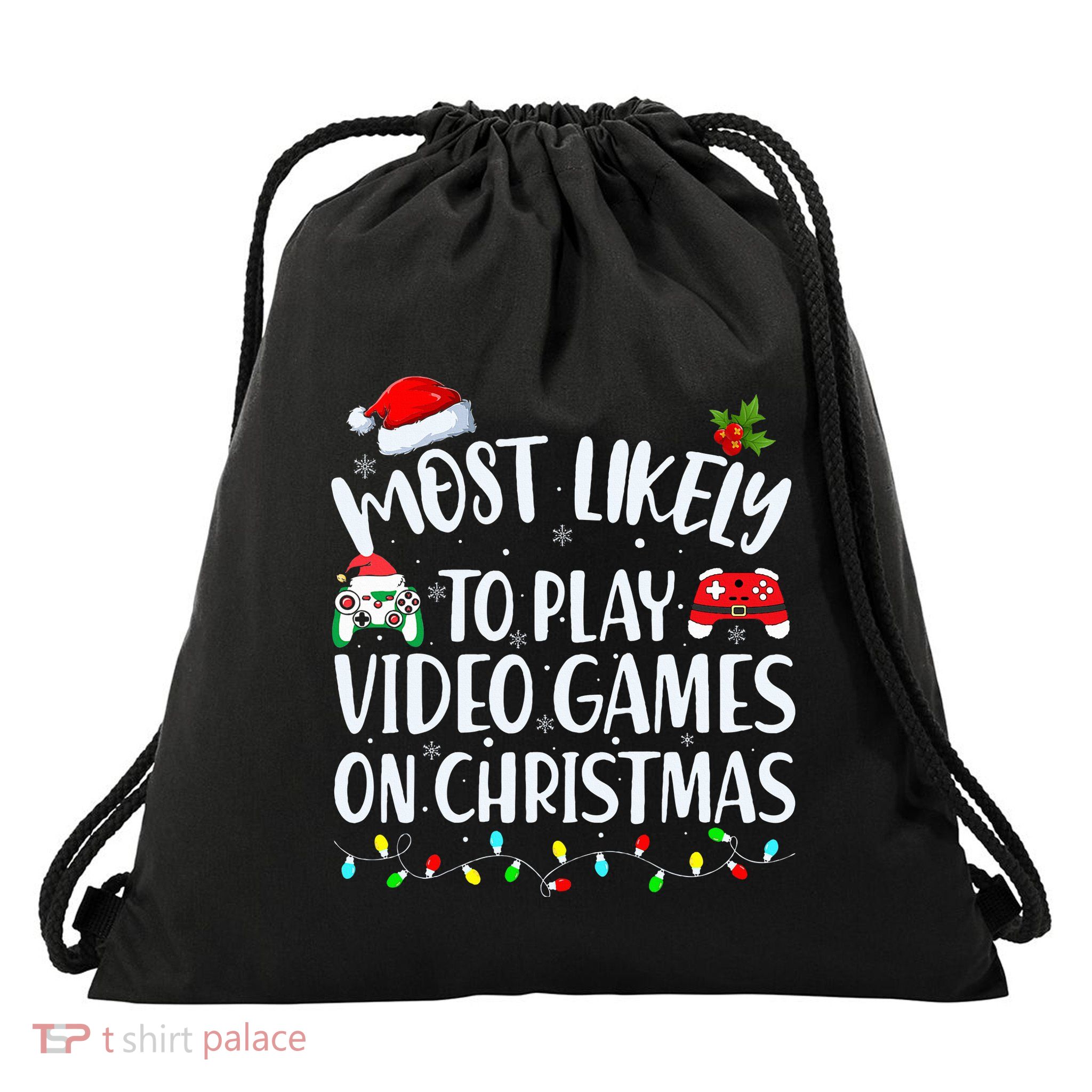 Most Likely To Play Video Games On Christmas Gamer Drawstring Bag