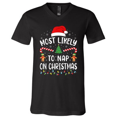 Most Likely To Nap On Christmas Funny Family Christmas V-Neck T-Shirt