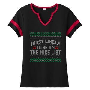 Most Likely To Be On The Nice List Family Ugly Christmas Pajamas Ladies Halftime Notch Neck Tee