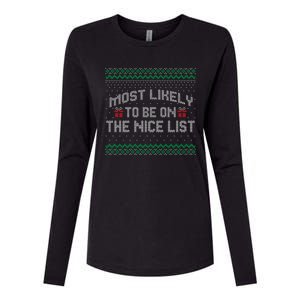 Most Likely To Be On The Nice List Family Ugly Christmas Pajamas Womens Cotton Relaxed Long Sleeve T-Shirt