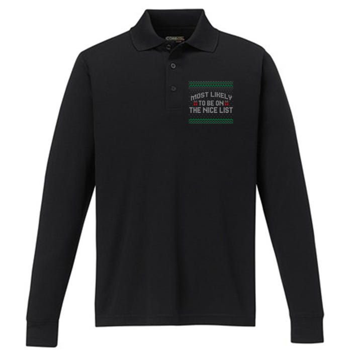 Most Likely To Be On The Nice List Family Ugly Christmas Pajamas Performance Long Sleeve Polo