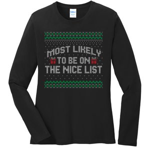 Most Likely To Be On The Nice List Family Ugly Christmas Pajamas Ladies Long Sleeve Shirt