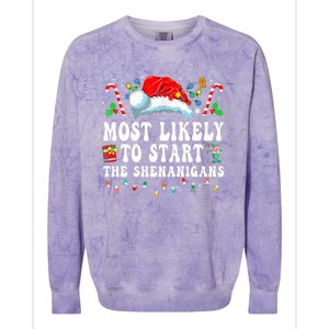 Most Likely To Start The Shenanigans Christmas Family Colorblast Crewneck Sweatshirt