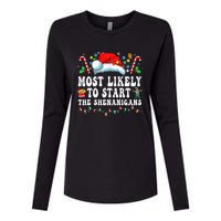 Most Likely To Start The Shenanigans Christmas Family Womens Cotton Relaxed Long Sleeve T-Shirt