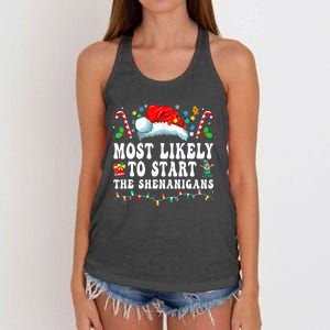 Most Likely To Start The Shenanigans Christmas Family Women's Knotted Racerback Tank