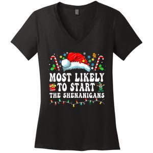 Most Likely To Start The Shenanigans Christmas Family Women's V-Neck T-Shirt