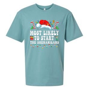 Most Likely To Start The Shenanigans Christmas Family Sueded Cloud Jersey T-Shirt