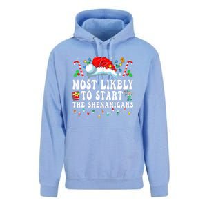 Most Likely To Start The Shenanigans Christmas Family Unisex Surf Hoodie