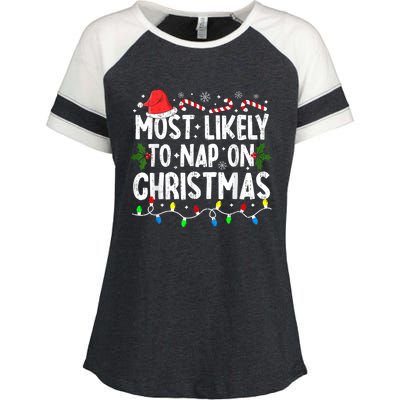 Most Likely To Nap On Christmas Enza Ladies Jersey Colorblock Tee