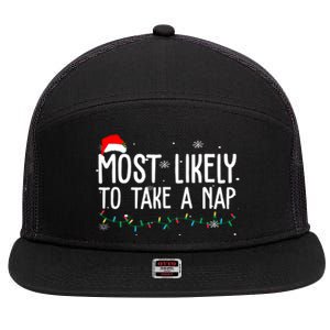 Most Likely To Take A Nap Funny Christmas 7 Panel Mesh Trucker Snapback Hat