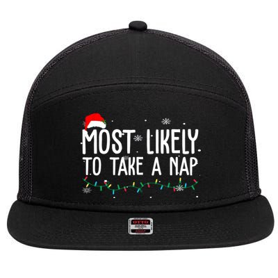 Most Likely To Take A Nap Funny Christmas 7 Panel Mesh Trucker Snapback Hat