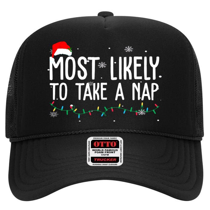 Most Likely To Take A Nap Funny Christmas High Crown Mesh Back Trucker Hat