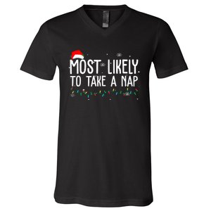 Most Likely To Take A Nap Funny Christmas V-Neck T-Shirt