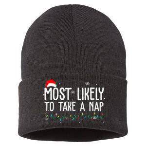 Most Likely To Take A Nap Funny Christmas Sustainable Knit Beanie