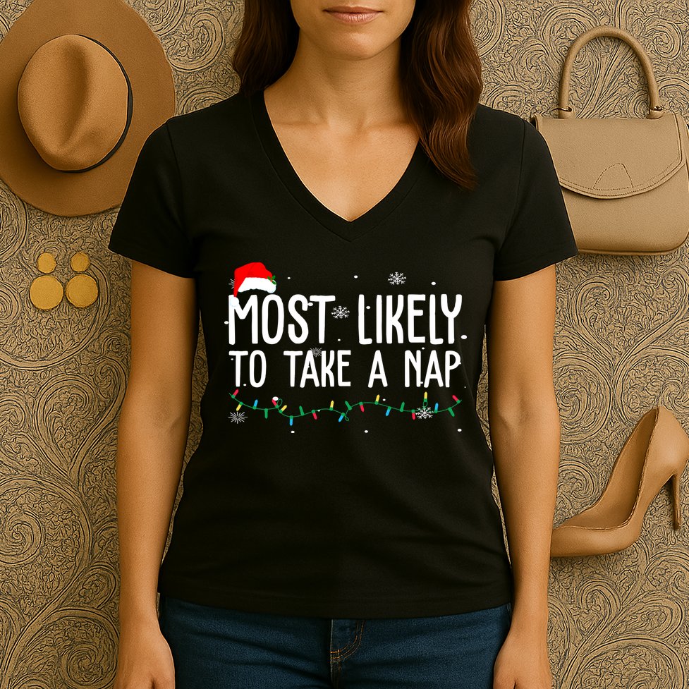 Most Likely To Take A Nap Funny Christmas Women's V-Neck T-Shirt