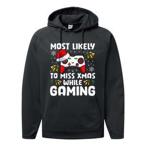 Most Likely To Miss Xmas While Gaming Christmas Pajama Gamer Performance Fleece Hoodie