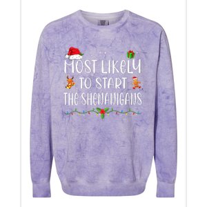 Most Likely To Start The Shenanigans Funny Family Christmas Colorblast Crewneck Sweatshirt