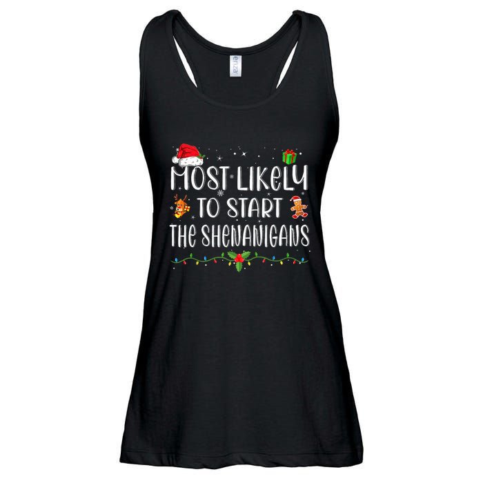 Most Likely To Start The Shenanigans Funny Family Christmas Ladies Essential Flowy Tank