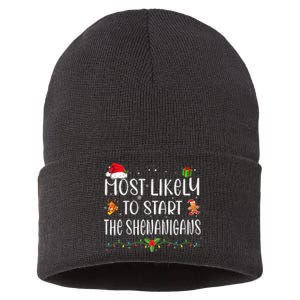 Most Likely To Start The Shenanigans Funny Family Christmas Sustainable Knit Beanie