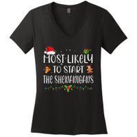 Most Likely To Start The Shenanigans Funny Family Christmas Women's V-Neck T-Shirt