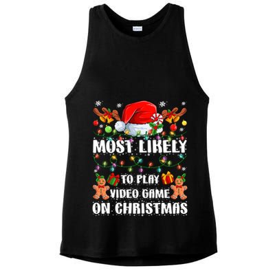 Most Likely To Play Video Game On Christmas Xmas Tree Lights Cute Gift Ladies PosiCharge Tri-Blend Wicking Tank