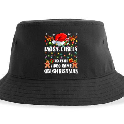Most Likely To Play Video Game On Christmas Xmas Tree Lights Cute Gift Sustainable Bucket Hat
