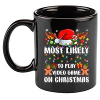 Most Likely To Play Video Game On Christmas Xmas Tree Lights Cute Gift 11oz C Handle Ceramic Mug