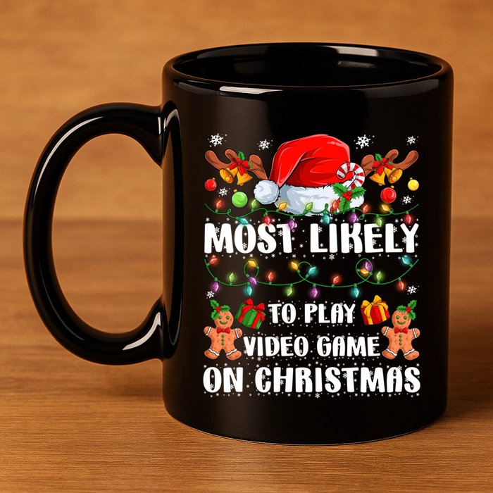 Most Likely To Play Video Game On Christmas Xmas Tree Lights Cute Gift 11oz C Handle Ceramic Mug