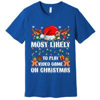 Most Likely To Play Video Game On Christmas Xmas Tree Lights Cute Gift Premium T-Shirt