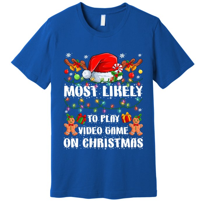 Most Likely To Play Video Game On Christmas Xmas Tree Lights Cute Gift Premium T-Shirt
