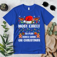 Most Likely To Play Video Game On Christmas Xmas Tree Lights Cute Gift Premium T-Shirt
