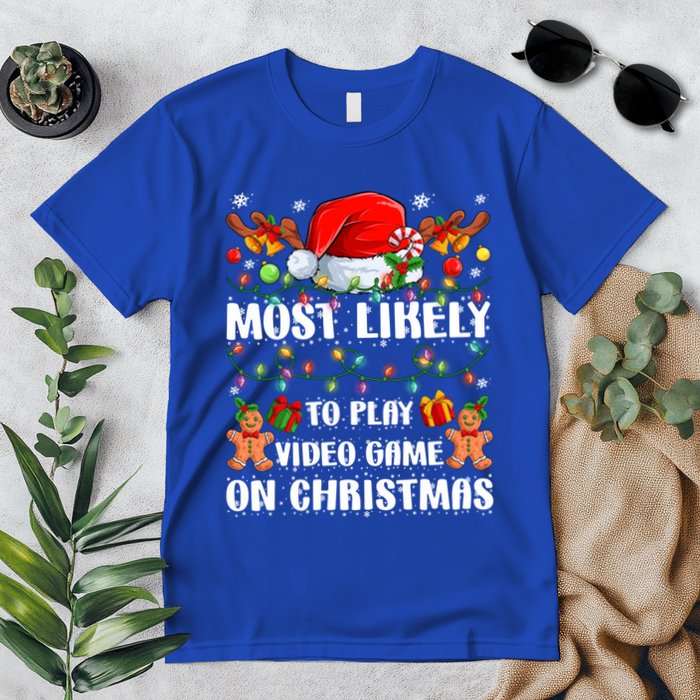 Most Likely To Play Video Game On Christmas Xmas Tree Lights Cute Gift Premium T-Shirt