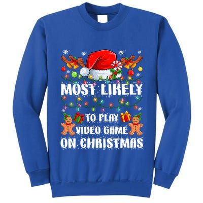 Most Likely To Play Video Game On Christmas Xmas Tree Lights Cute Gift Tall Sweatshirt