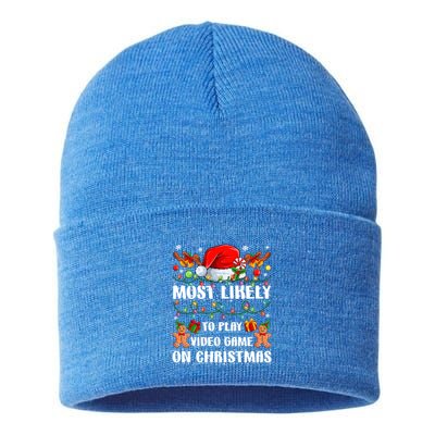 Most Likely To Play Video Game On Christmas Xmas Tree Lights Cute Gift Sustainable Knit Beanie