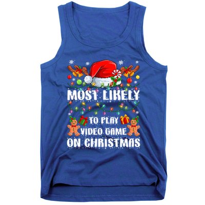 Most Likely To Play Video Game On Christmas Xmas Tree Lights Cute Gift Tank Top