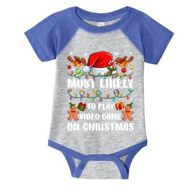 Most Likely To Play Video Game On Christmas Xmas Tree Lights Cute Gift Infant Baby Jersey Bodysuit
