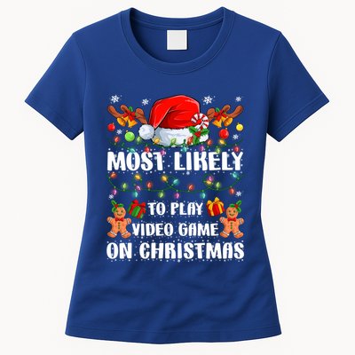 Most Likely To Play Video Game On Christmas Xmas Tree Lights Cute Gift Womens T-Shirt