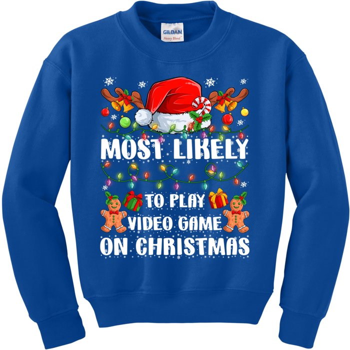 Most Likely To Play Video Game On Christmas Xmas Tree Lights Cute Gift Kids Sweatshirt