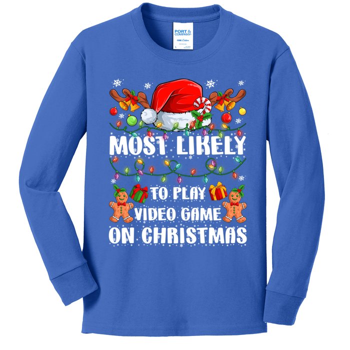 Most Likely To Play Video Game On Christmas Xmas Tree Lights Cute Gift Kids Long Sleeve Shirt